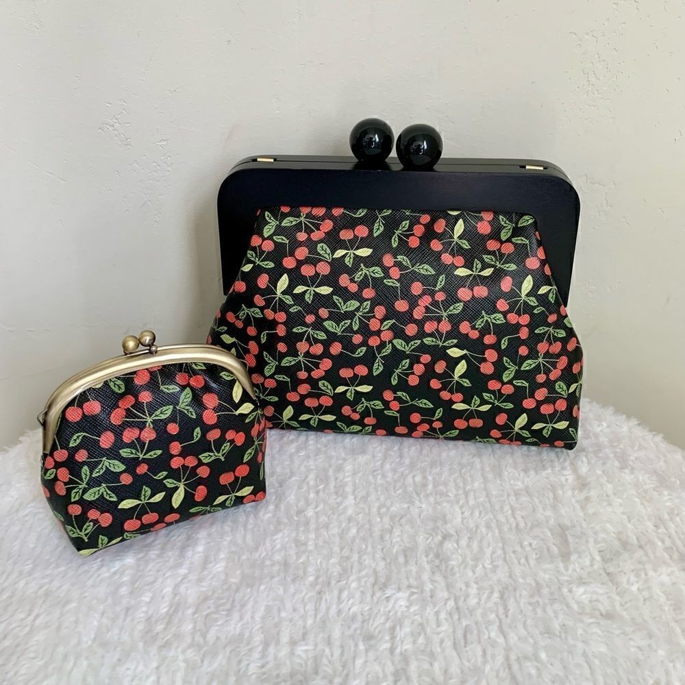 Handmade Genuine Leather Cherry Print Wooden Frame Bag/Crossbody & Small Purse